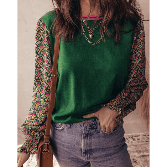 Jelena Green Floral Patchwork Shirred Cuff Puff Sleeve Sweater