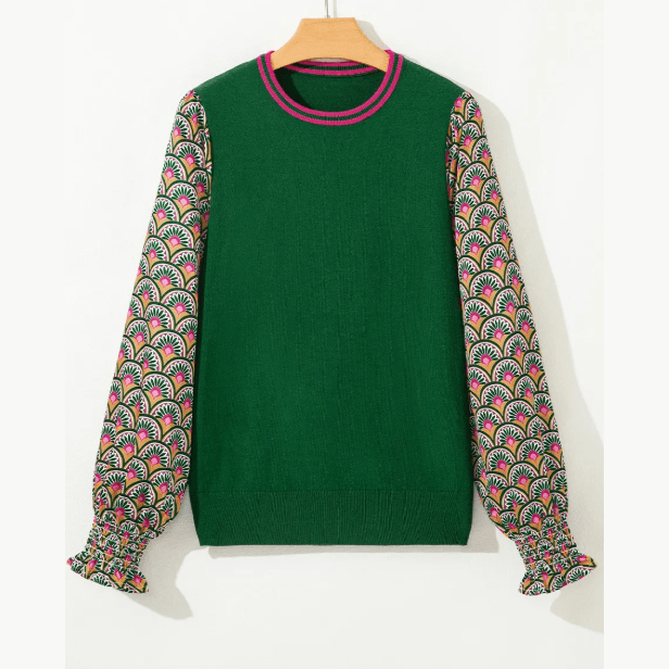 Jelena Green Floral Patchwork Shirred Cuff Puff Sleeve Sweater