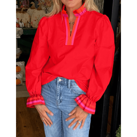 Jewell Fiery Red Striped Trim Ruffle Split Neck Long Sleeve Blouse