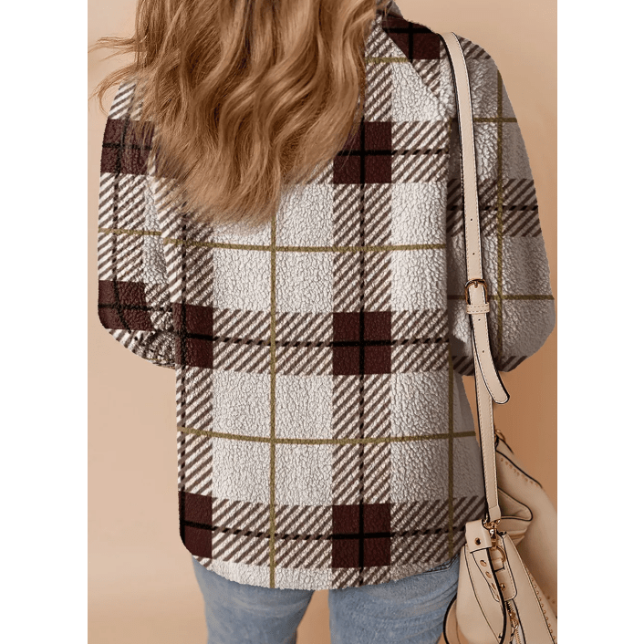 Elly Plaid Print Buttoned Stand Collar Fleece Jacket