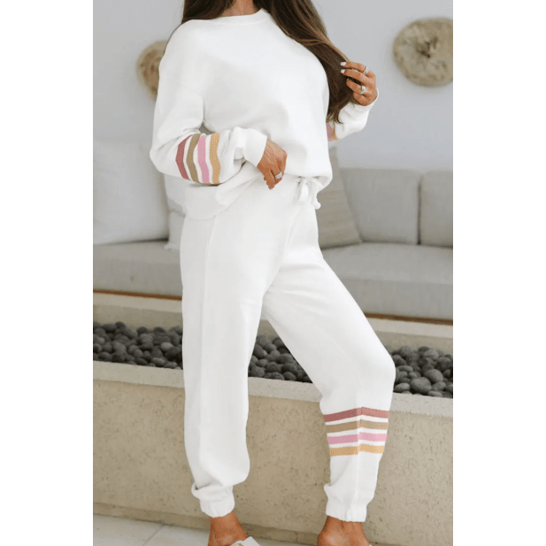 Barb Striped Drop Shoulder Round Neck Pullover and Jogger Pants Active Outfit