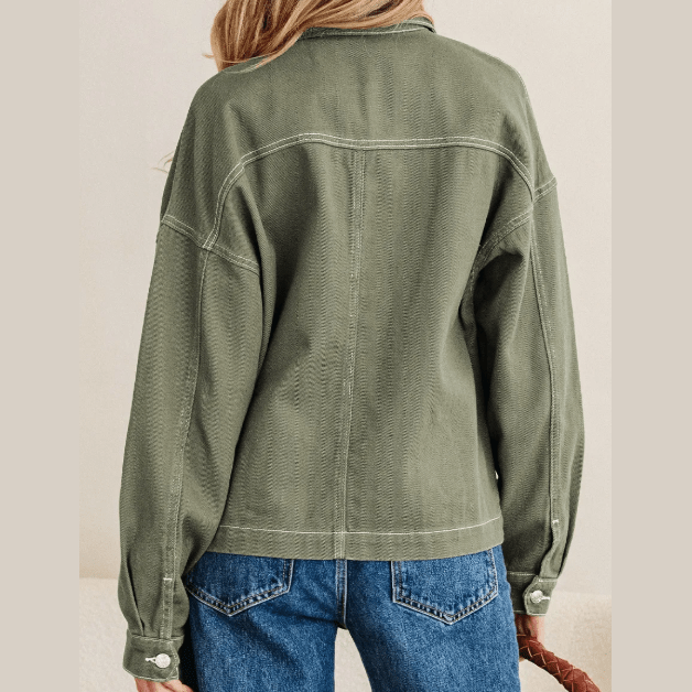 Della Green Patched Pocket Collared Button Front Boyfriend Denim Jacket