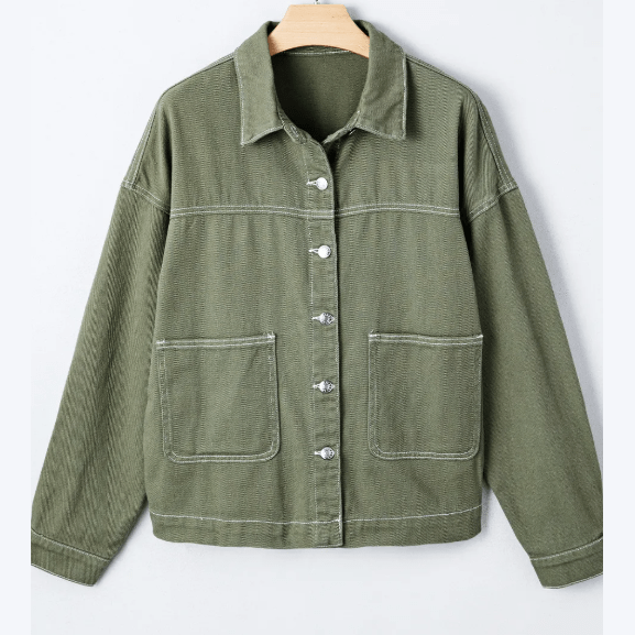 Della Green Patched Pocket Collared Button Front Boyfriend Denim Jacket