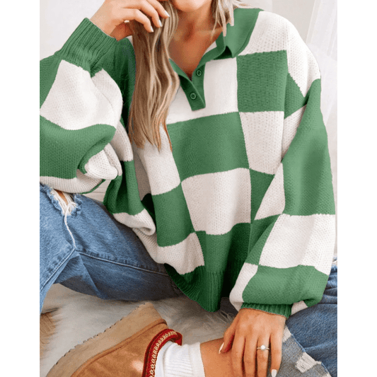 Gerda Mist Green Checkered Pattern Polo Collar Loose Sweater