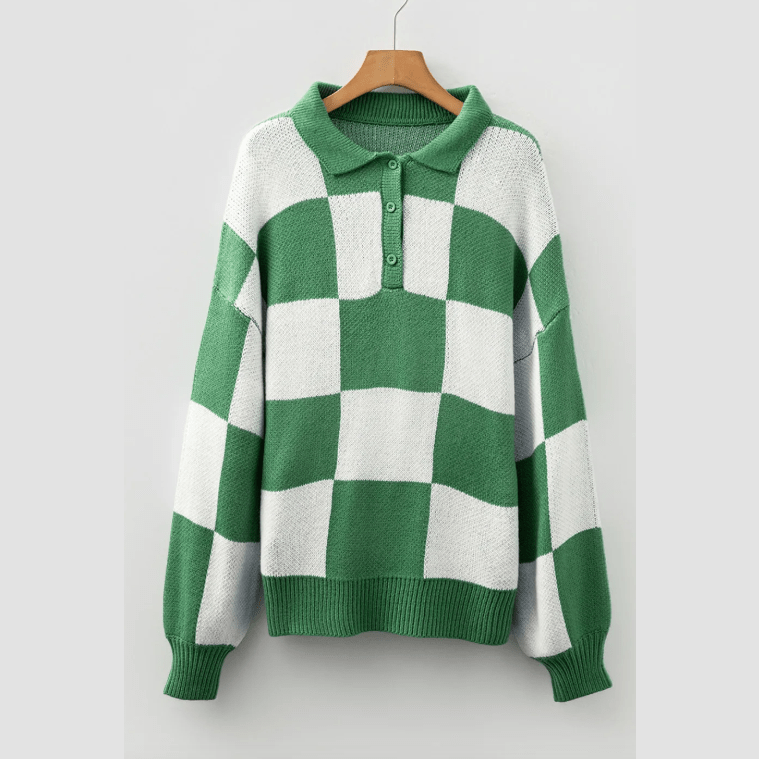Gerda Mist Green Checkered Pattern Polo Collar Loose Sweater