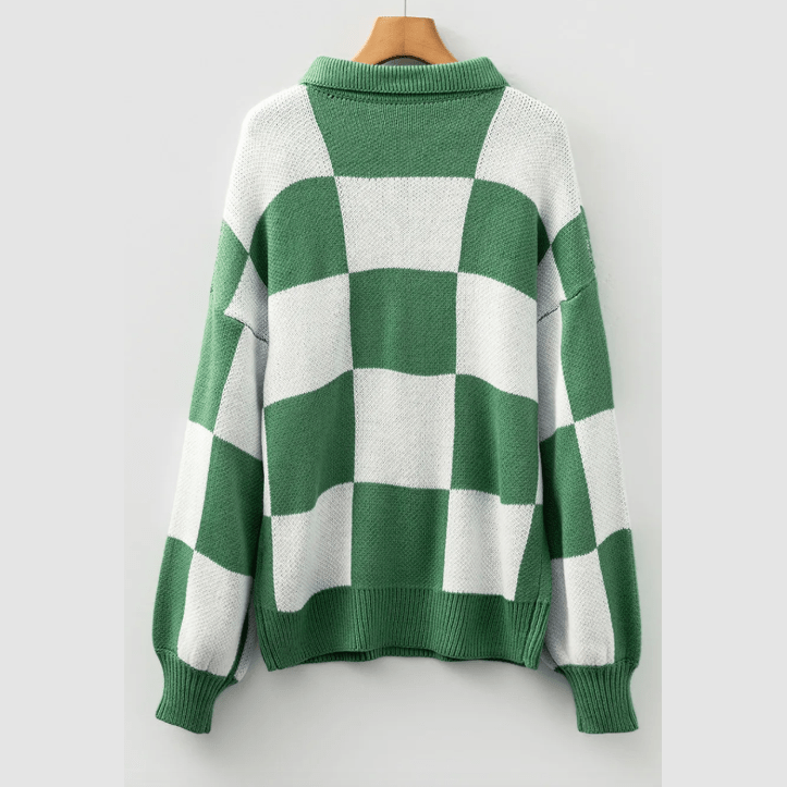 Gerda Mist Green Checkered Pattern Polo Collar Loose Sweater