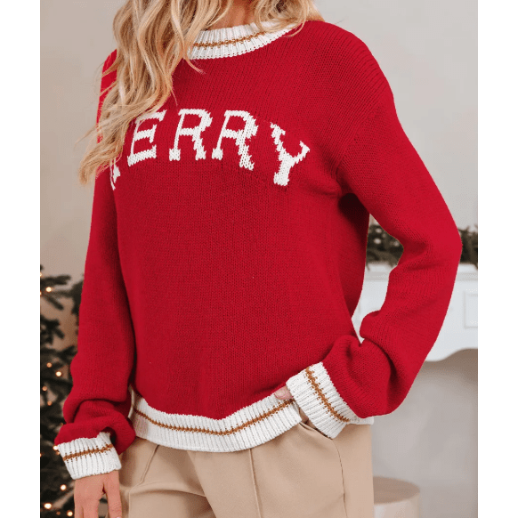 Fiery Red MERRY Color Block Edge Drop Shoulder Cozy Sweater
