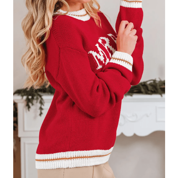 Fiery Red MERRY Color Block Edge Drop Shoulder Cozy Sweater