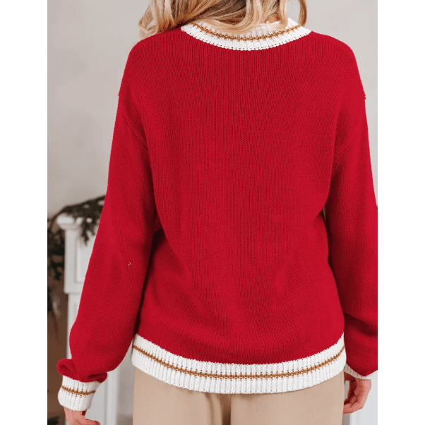Fiery Red MERRY Color Block Edge Drop Shoulder Cozy Sweater