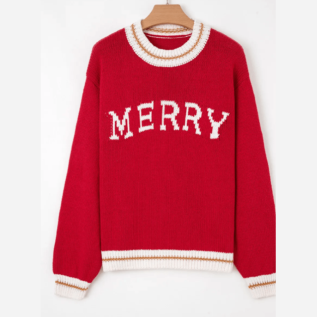 Fiery Red MERRY Color Block Edge Drop Shoulder Cozy Sweater