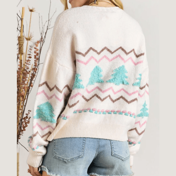 White Striped Christmas Tree Ribbed Trim Drop Shoulder Sweater