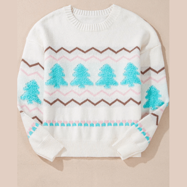 White Striped Christmas Tree Ribbed Trim Drop Shoulder Sweater