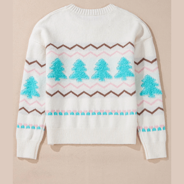 White Striped Christmas Tree Ribbed Trim Drop Shoulder Sweater