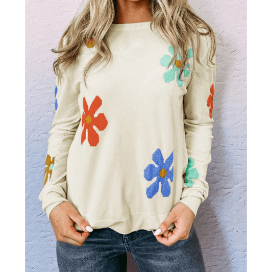 RTS White Sweet Floral Pullover Sweater