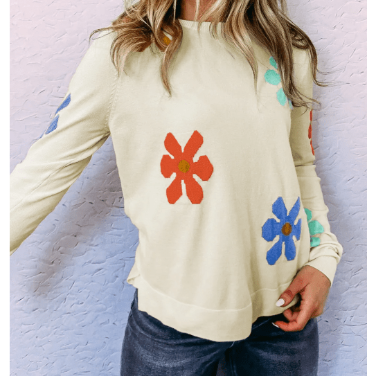 RTS White Sweet Floral Pullover Sweater