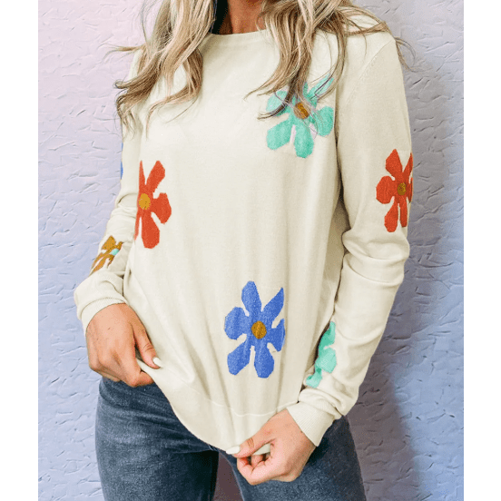 RTS White Sweet Floral Pullover Sweater