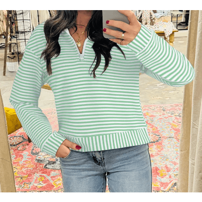 RTS Green Stripe Quarter Zip Collar Pullover Long Sleeve Top