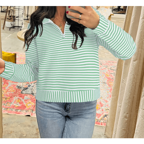 RTS Green Stripe Quarter Zip Collar Pullover Long Sleeve Top