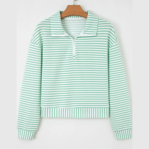 RTS Green Stripe Quarter Zip Collar Pullover Long Sleeve Top