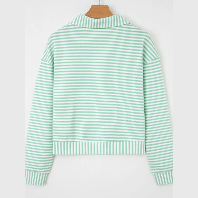 RTS Green Stripe Quarter Zip Collar Pullover Long Sleeve Top