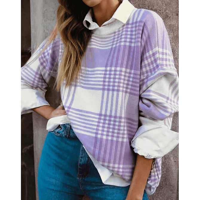 RTS Lilac Plaid Print Ribbed Trim Loose Sweater