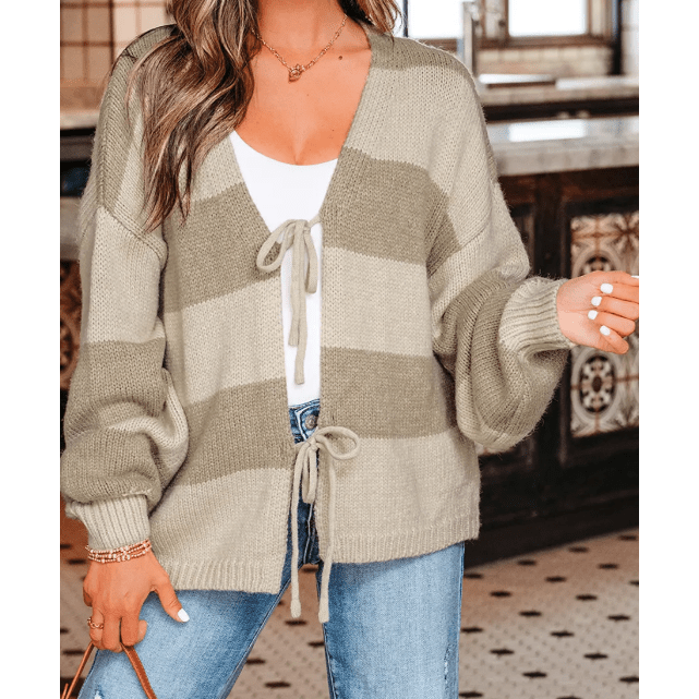 Aggie Khaki Striped Color Block Brushed Knit Bow Tie Front Sweater Cardigan