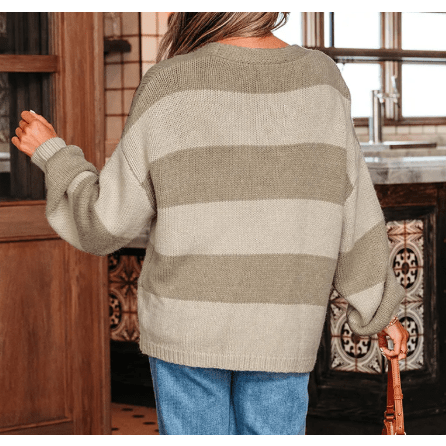 Aggie Khaki Striped Color Block Brushed Knit Bow Tie Front Sweater Cardigan