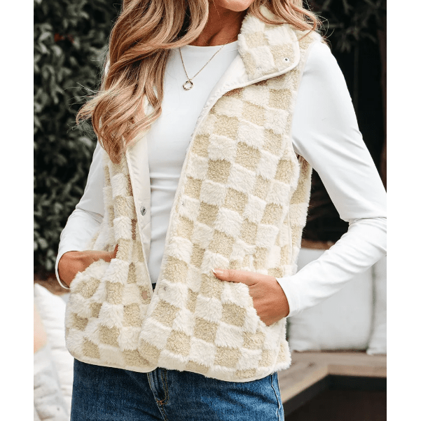 Belle Khaki Sherpa Checkerboard Snap Button Vest Jacket With Pocket