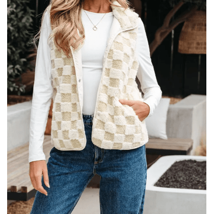 Belle Khaki Sherpa Checkerboard Snap Button Vest Jacket With Pocket