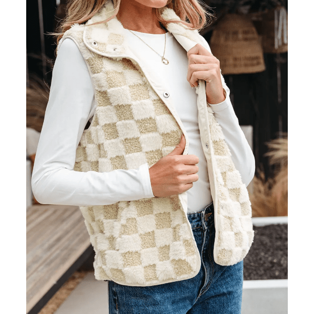 Belle Khaki Sherpa Checkerboard Snap Button Vest Jacket With Pocket