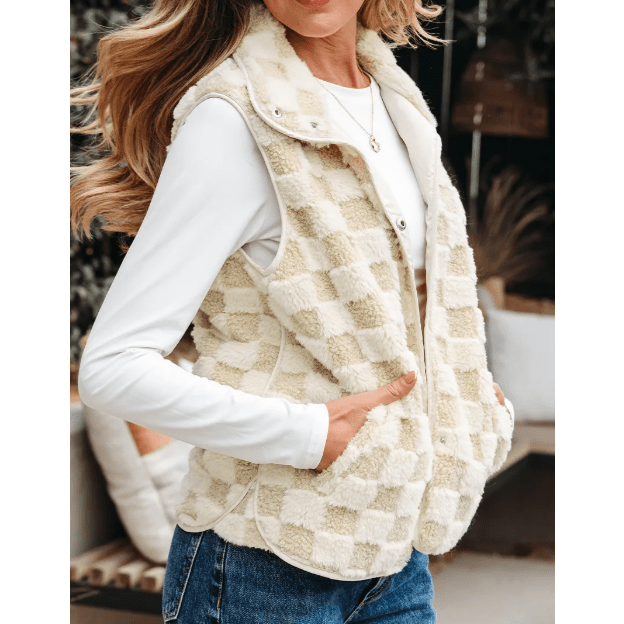 Belle Khaki Sherpa Checkerboard Snap Button Vest Jacket With Pocket
