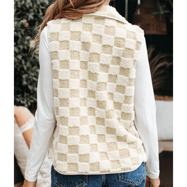 Belle Khaki Sherpa Checkerboard Snap Button Vest Jacket With Pocket