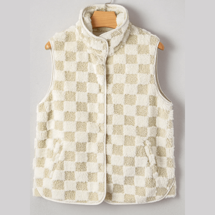 Belle Khaki Sherpa Checkerboard Snap Button Vest Jacket With Pocket