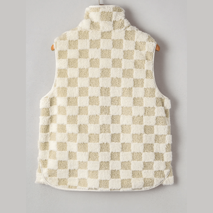 Belle Khaki Sherpa Checkerboard Snap Button Vest Jacket With Pocket