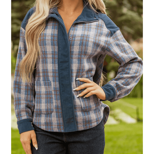 Dione Plaid Corduroy Patchwork Collared Zip Up Snap Button Jacket