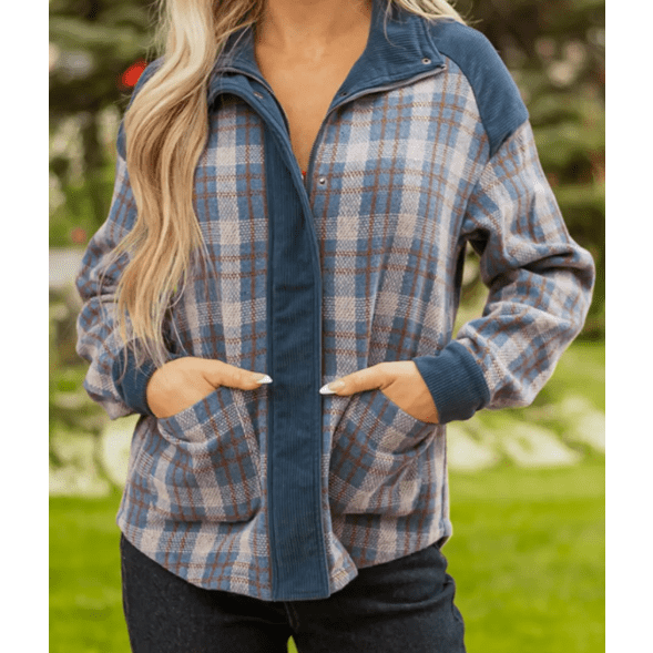 Dione Plaid Corduroy Patchwork Collared Zip Up Snap Button Jacket