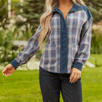 Dione Plaid Corduroy Patchwork Collared Zip Up Snap Button Jacket