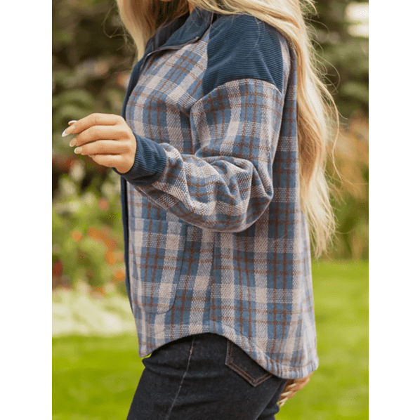 Dione Plaid Corduroy Patchwork Collared Zip Up Snap Button Jacket