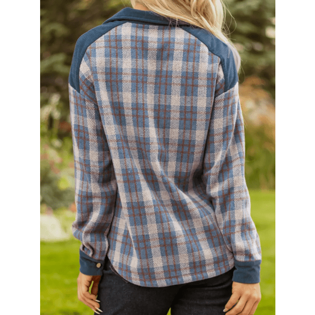 Dione Plaid Corduroy Patchwork Collared Zip Up Snap Button Jacket