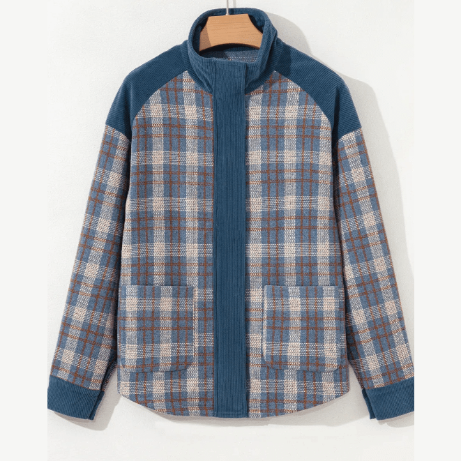 Dione Plaid Corduroy Patchwork Collared Zip Up Snap Button Jacket