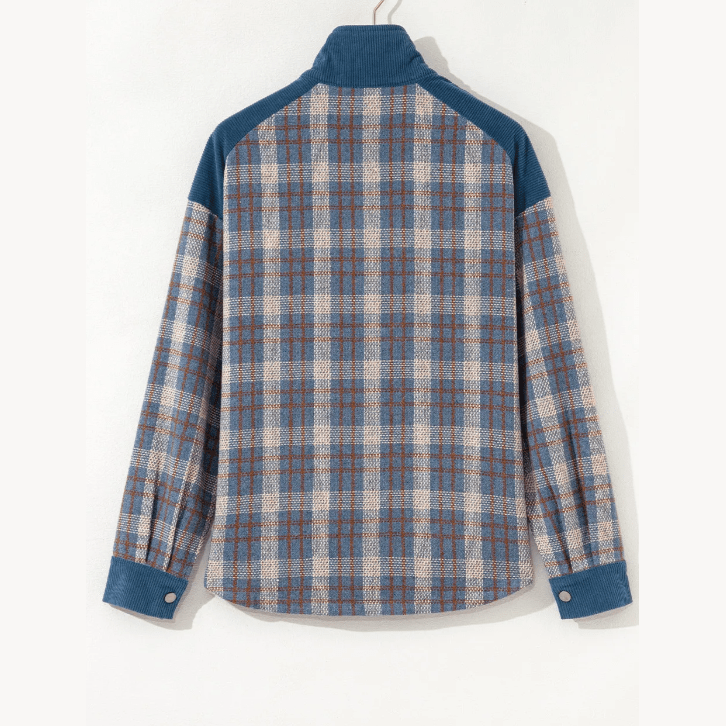 Dione Plaid Corduroy Patchwork Collared Zip Up Snap Button Jacket