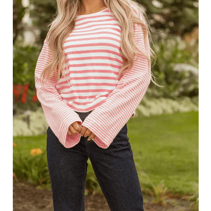 Emilia Pink Stripe Textured Contrast Dropped Long Sleeve Top