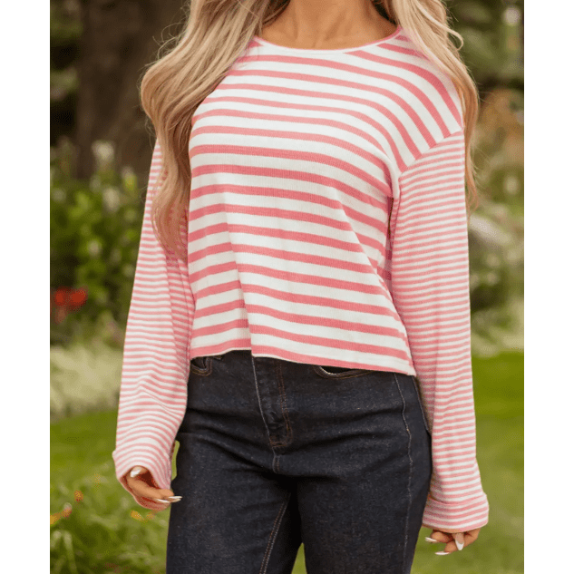 Emilia Pink Stripe Textured Contrast Dropped Long Sleeve Top