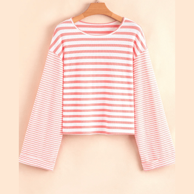 Emilia Pink Stripe Textured Contrast Dropped Long Sleeve Top