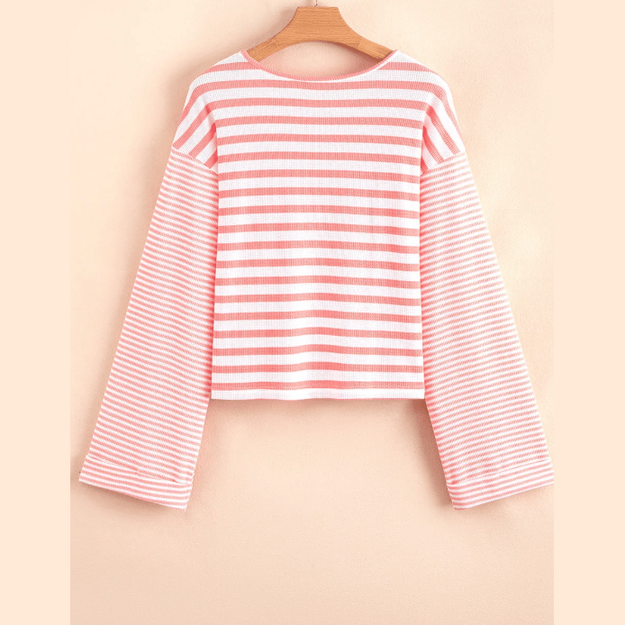Emilia Pink Stripe Textured Contrast Dropped Long Sleeve Top