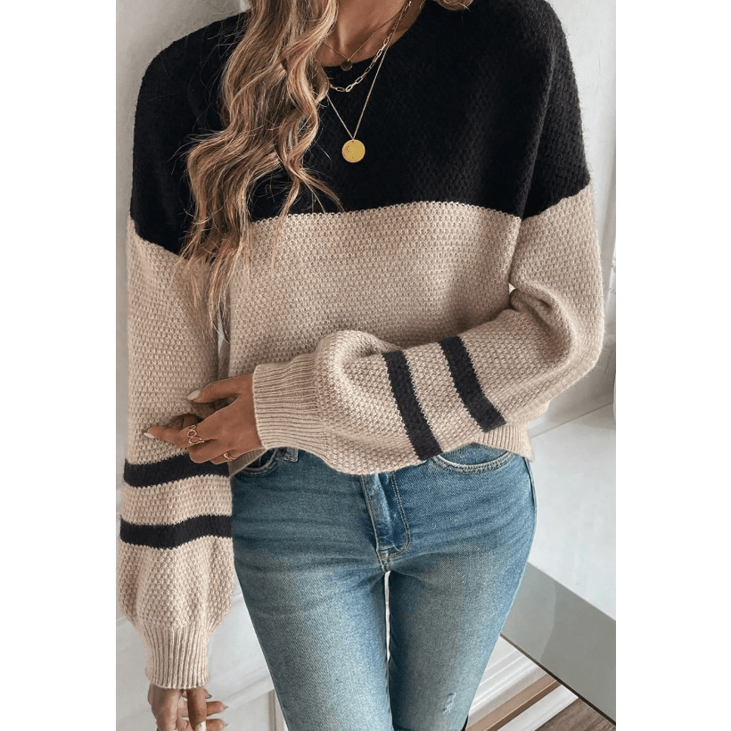 Frida Parchment Color Block Knit Striped Sleeve Detail Casual Sweater
