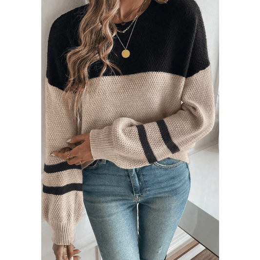 Frida Parchment Color Block Knit Striped Sleeve Detail Casual Sweater