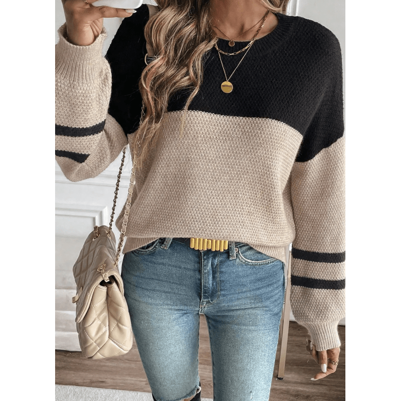 Frida Parchment Color Block Knit Striped Sleeve Detail Casual Sweater