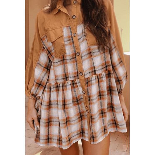 Griselda Khaki Plaid Color Block Patchwork Ruffle Hem Tunic Shirt Dress