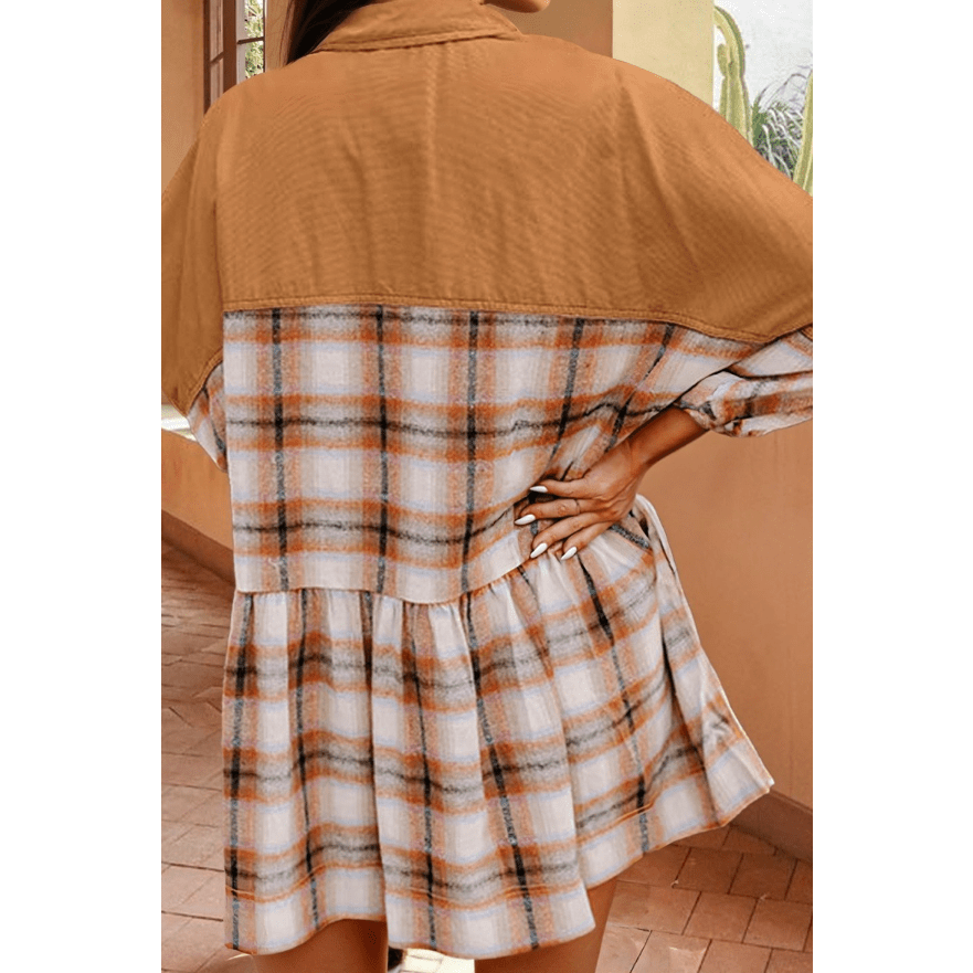 Griselda Khaki Plaid Color Block Patchwork Ruffle Hem Tunic Shirt Dress